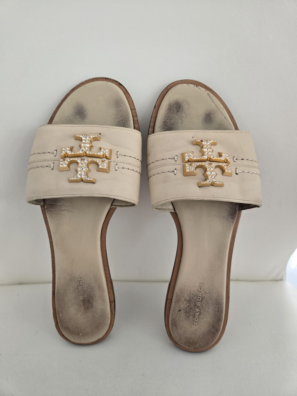 Tory Burch Beige Slide Sandals with Gold Logo